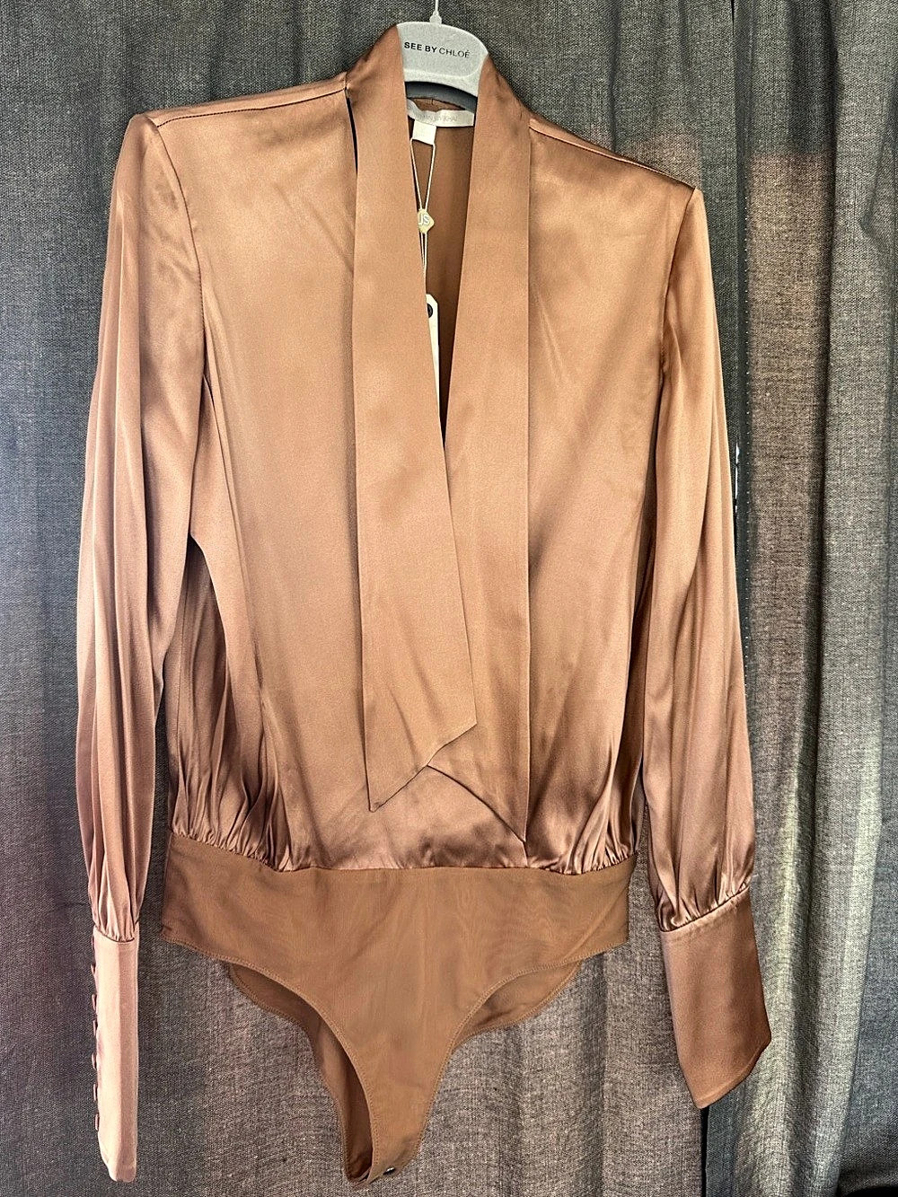 Jonathan Simkhai Silk Bodysuit S Nude Blush Wrap Tie Neck NWT 98% Silk